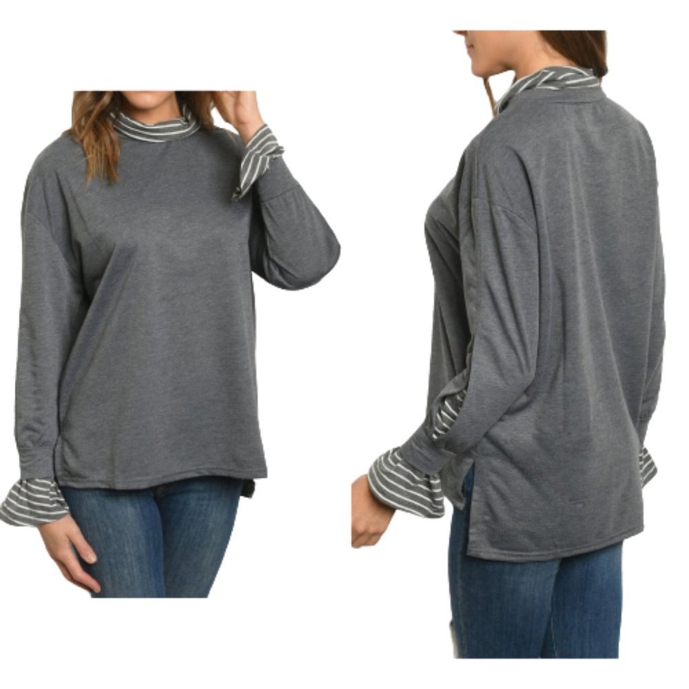 Very J Gray Sweater Layered Look Mockneck Split Sleeves Stripe NWT